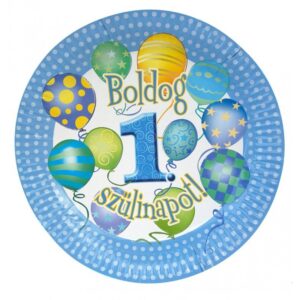 m24503-1619442581682.jpg Boldog 1. Szülinapot Léggömbös Kék Parti Tányér, 23cm 6db